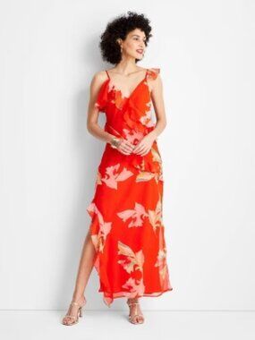 Sleeveless Red Floral Maxi Dress with Ruffle Detail